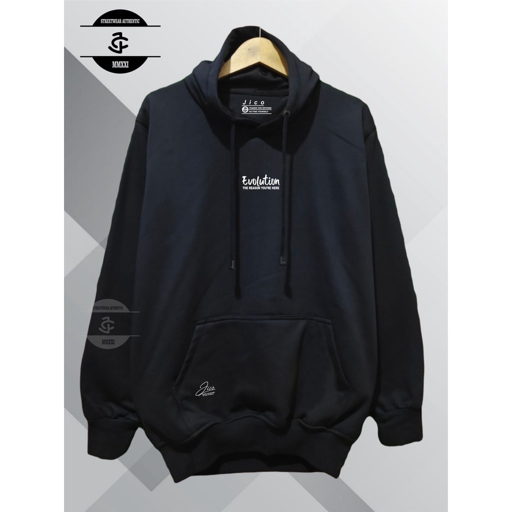 Jaket Hoodie Original JICO Distro Pria Wanita Aesthetic Warna Hitam List EVOLUTION M L XL XXL Pria Wanita Jaket hudie Unisex Jaket Distro Sweater Dewasa Pakaian Pria Jaket Terbaru Terlaris Terpopuler Lokal Brand Bandung Masa Kini