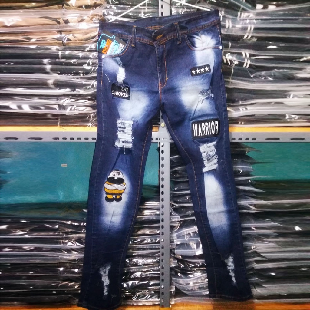 Celana Jeans Pria Ripped Emblem Sobek Lepis Premium Lepis Panjang Jins Crop Robek Lutut Premium