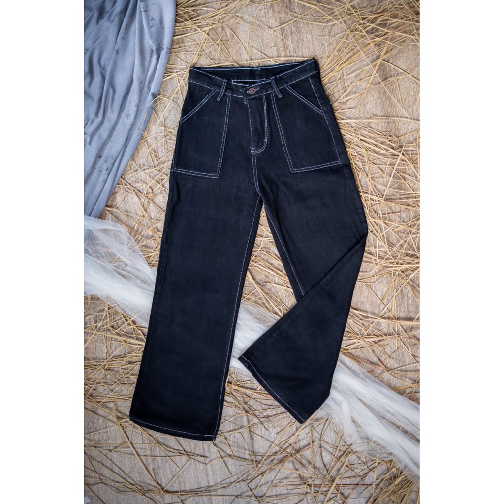 CELANA JEANS KULOT ALICE RAWISKANTONG DEPAN SNOW BLACK DAN SNOW BLUE PLUS JAKET SNOW BLACK SNOW BLUE