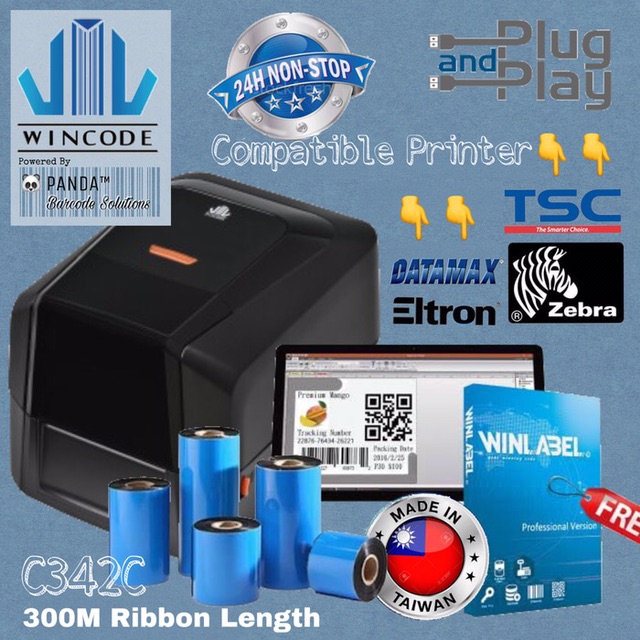 BARCODE PRINTER WINCODE C342C THERMAL TRANSFER/RIBBON BONUS APLIKASI CETAK LABEL WINLABEL by PANDA