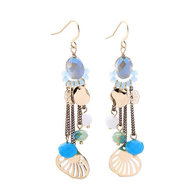 LRC Anting Gantung Fashion Gold Glass Ball Studded Tassel Earrings F55542