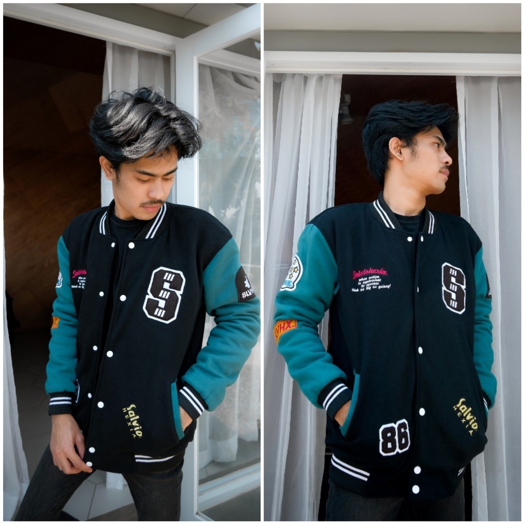 JAKET PRIA - JAKET BOMBER PRIA - JAKET VARSITY - JAKET SALVIO HEXIA-VARSITY BLACK PETROL