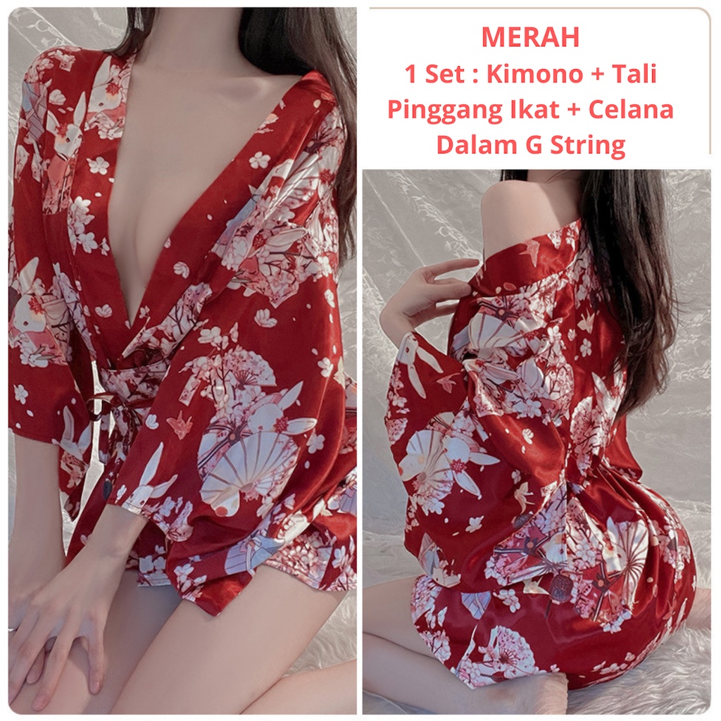 Lingerie Sexy Model Dress Kimono Sexy Termasuk Tali Pinggang Ikat Bonus Celana Dalam G String 1597