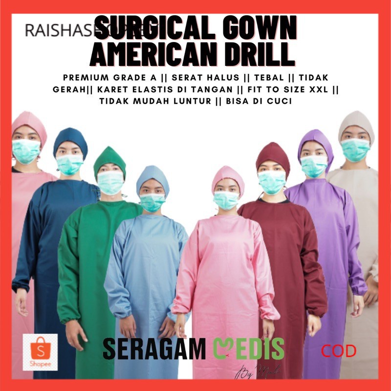 Surgical gown american drill / jubah operasi / baju operasi / gaun medis bisa bordir nama satuan