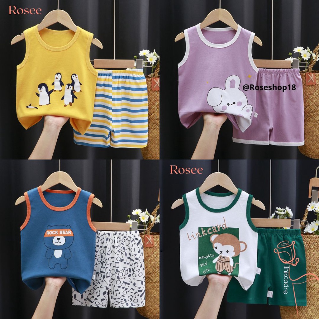 Roseshop - (0bln-2thn) Setelan Baju Bayi Singlet / Setelan Baju Oblong Anak / Setelan Baju Oblong Bayi