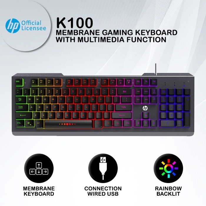 Keyboard Gaming HP K100 RGB Membrane Keyboard &amp; Multimedia Function USB