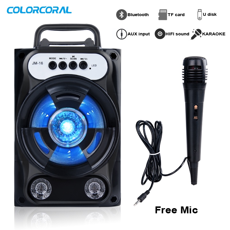 ColorCoral Portable Wireless Bass LED Speaker Bluetooth Karaoke Spiker  7.5 inci dengan Mikrofon Gratis Pesta Rumah