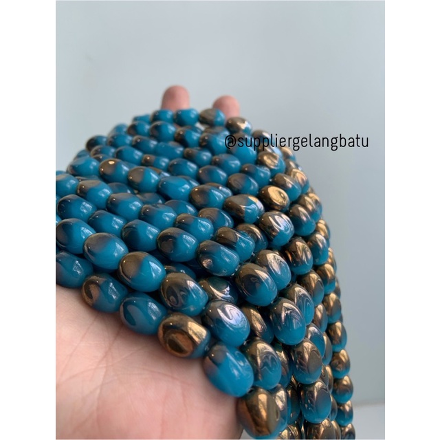 kristal CEKO KACANG GOLD BLUE DOFF 10mm BIRU EMAS manik oval cutting