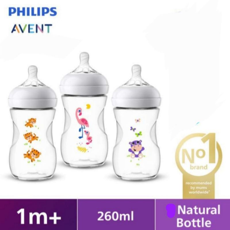 Botol Susu Philips Avent Natural Teal 260ml  Avent Wide Neck Wideneck Ungu 260 ml Motif Flaminggo Pink Ungu Macan Orange