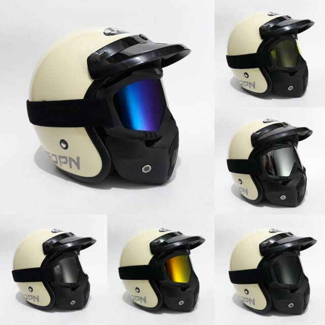 Helm Jpn Retro Crem Gloss Dengan Goggle mask