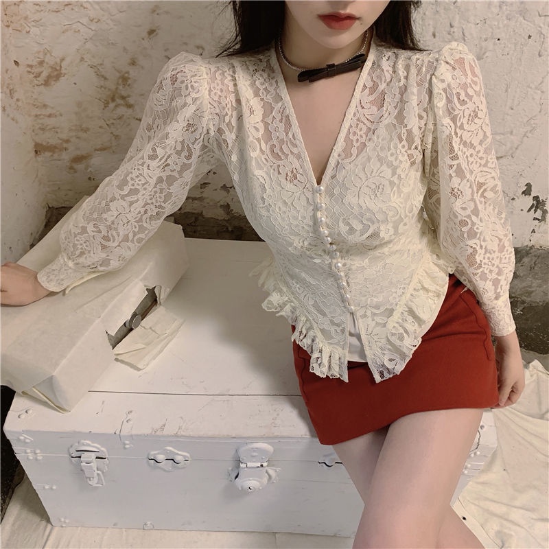 atasan renda import french lace chiffon bottoming shirt model putri dengan atasan lengan panjang pen