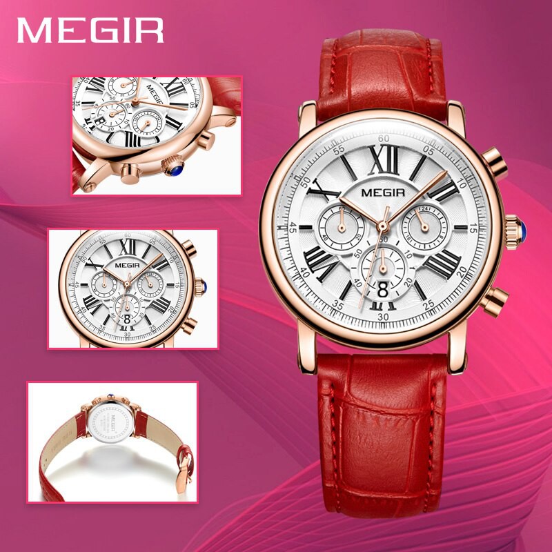 MEGIR 2058 Jam Tangan Wanita Analog Chronograph Tanggal Aktif Tali Kulit WATCHKITE WKOS