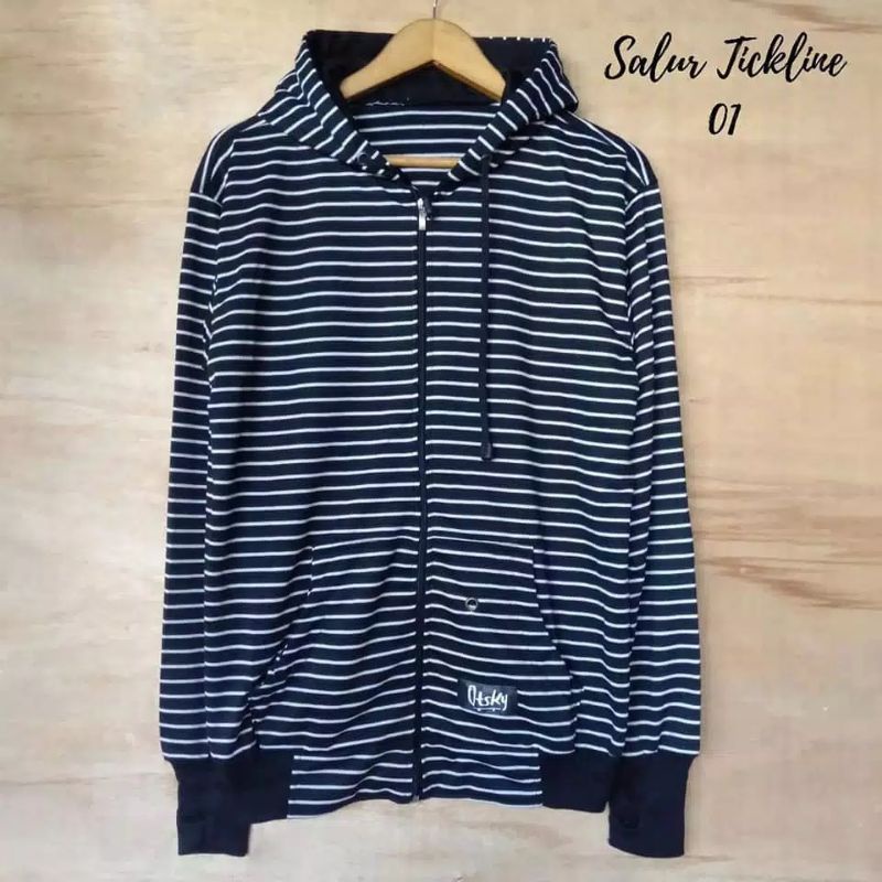 Zipper Salur Jaket Motif Garis Hoodie Resleting pria wanita