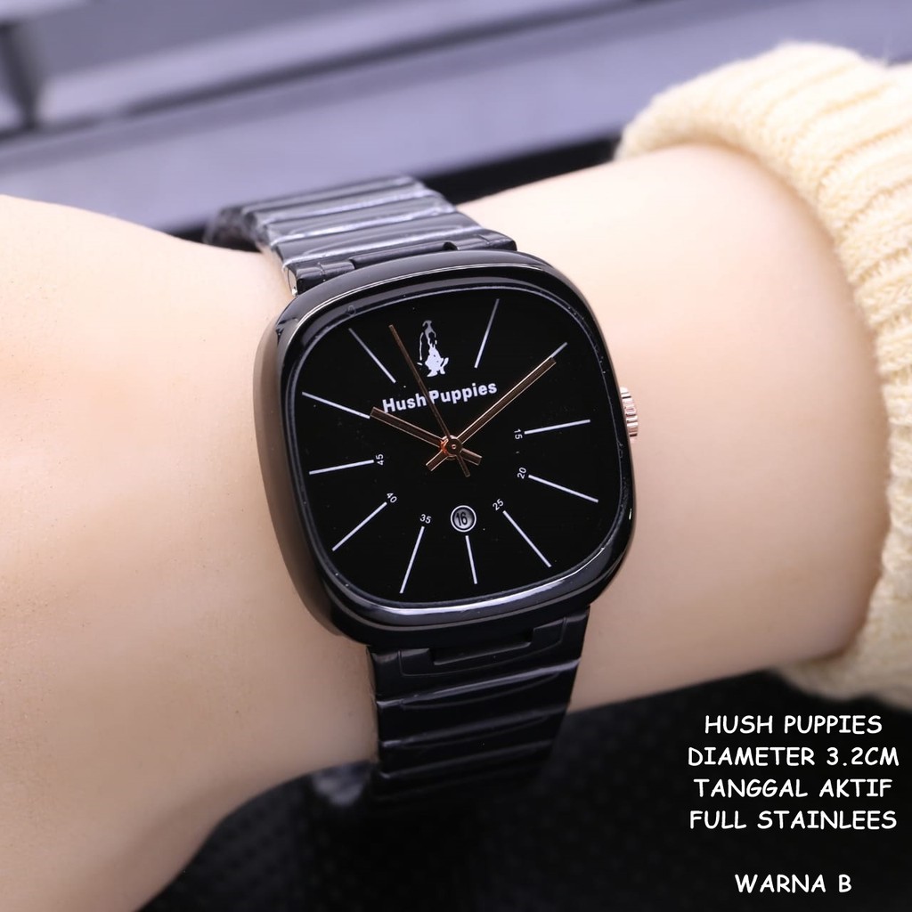 (GOOD QUALITY) Jam Tangan Wanita/Cewek Hush Puppies Segi Full Stainless Tanggal Aktif