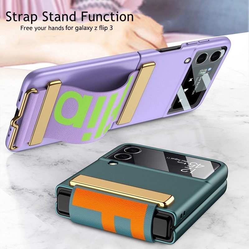 Casing Hard Case PC Ultra Tipis Anti Slip Dengan Strap Pergelangan Tangan Untuk Samsung Z Flip 3 5G