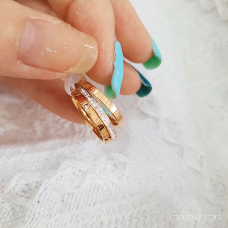 Cincin Titanium Cubic Zirconia Crystal Korean Style Lapis Emas 18k-Tridelle