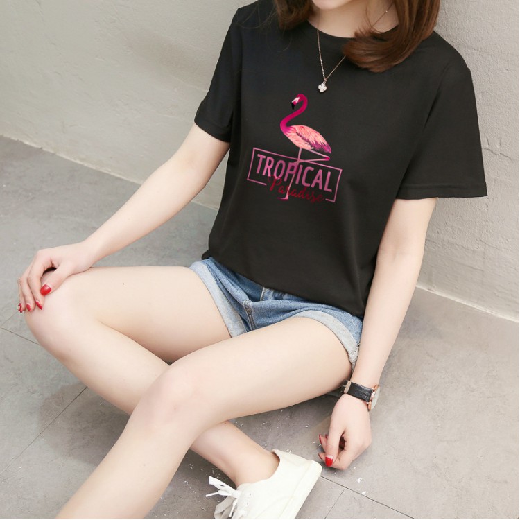 T-Shirt Wanita Korea Style Kaos Santai Fashion Kaos Ulzzang Gambar Flaminggo Tulisan Tropical
