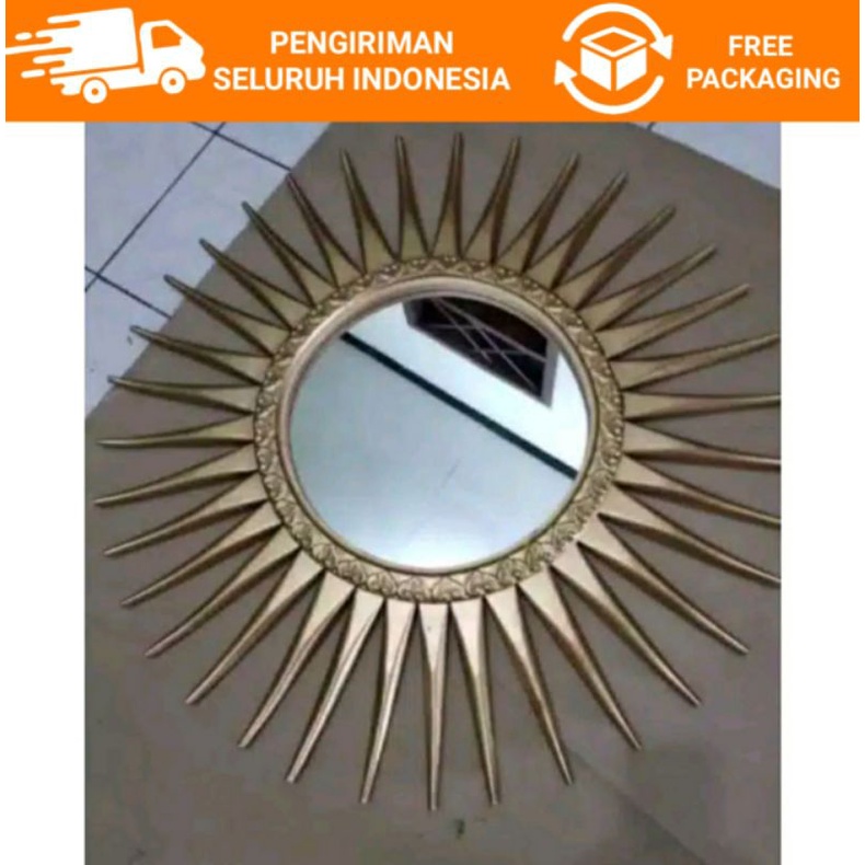 CERMIN HIAS DEKORASI DINDING MOTIF MATAHARI / KACA CERMIN HIAS DINDING KAYU JATI ASLI