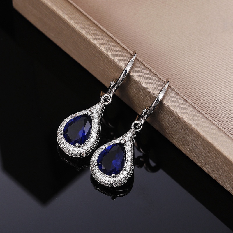 Anting Juntai Cubic Zirconia Bentuk Water Drop Warna Biru Untuk Wanita