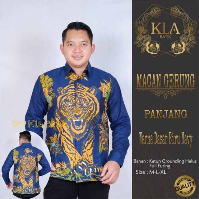 Kemeja batik MACAN BIRU / Batik lengan panjang warna biru motif harimau / batik pria terbaru 2022 motif macan sumatra / baju batik warna navy MACAN BIRU