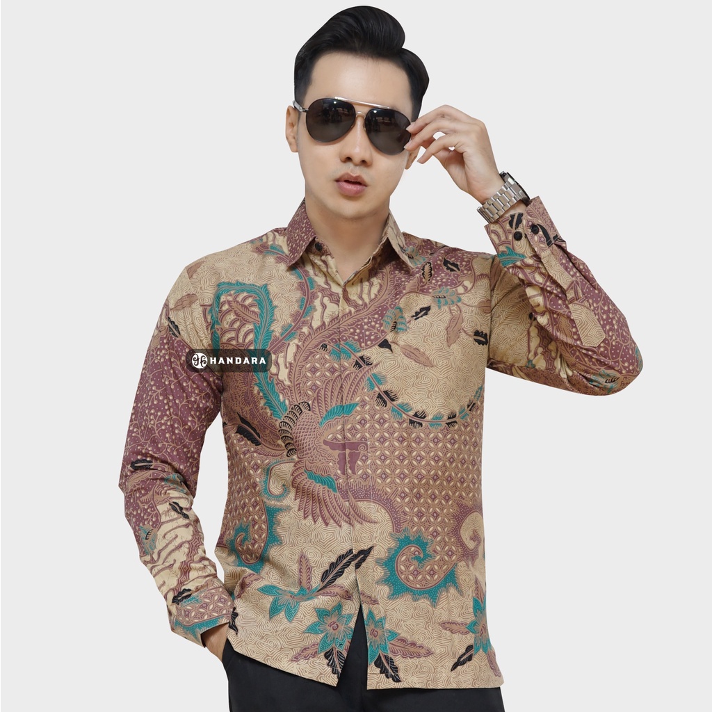 Baju Kemeja Batik Pria Lengan Panjang Slim Fit Premium Modern Full Furing Katun Halus Original Handara Motif Sundara Krem Ungu HB-261