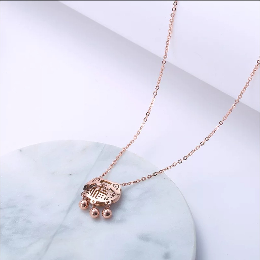 Kalung Titanium Etnis China Umur Panjang Warna Rose Gold dan Silver