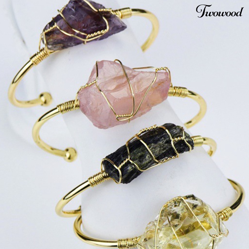 Twowood Wire Wrap Natural Stone Women Bracelet Alloy Irregular Stone Opening Adjustable Bangle Jewelry Gift