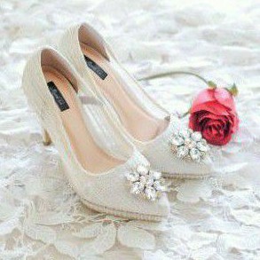 Sepatu Wedding prewedding pesta Heels wanita 10cm elegant mewah putih lace swarovski