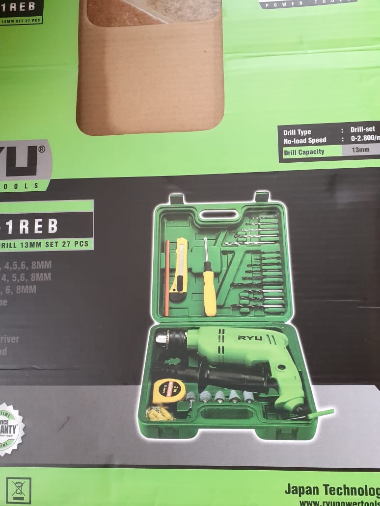 Promo... Paket Mesin Bor Ryu Rid 13-1 Reb Impact Drill Ryu Rid 13-1 Reb Set