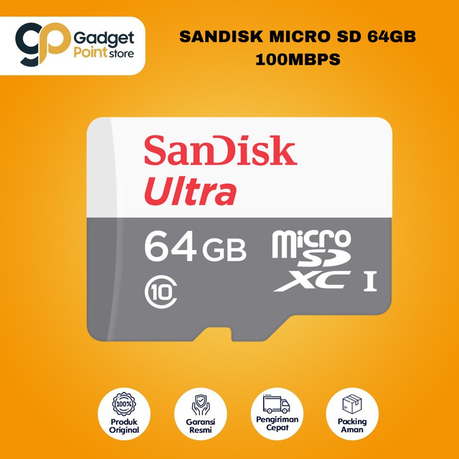 Memory 64 gb | SanDisk Ultra Micro SD UHS-I Card 64GB Class 10 up to 100Mbps - Original Garansi Resmi