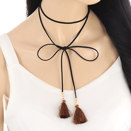 LRC Kalung Fashion Black Tassel Pendant Decorated Double Layer Simple Necklace