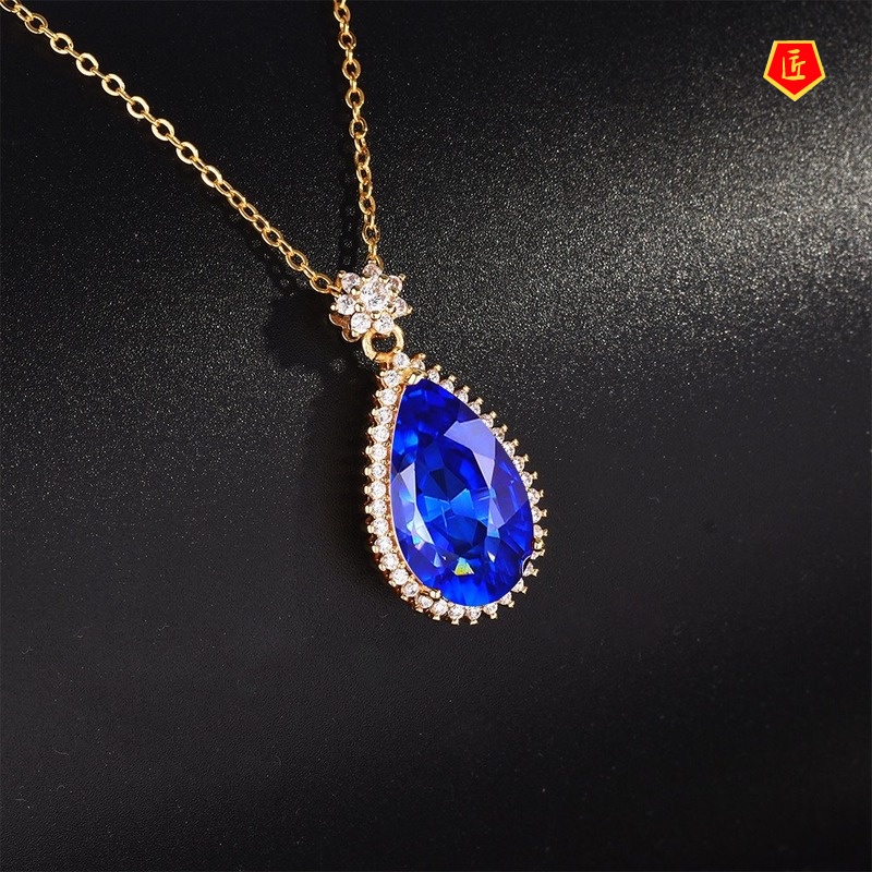 [Ready Stock]Elegant Pear-Shaped Colored Gems Pendant Gold Necklace