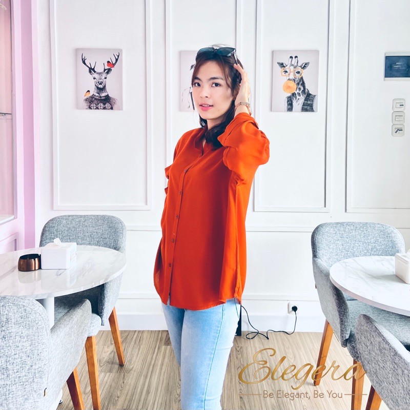 Kemeja Wanita Casual Katun Rayon Polos Cewek Lengan Panjang Scoder-Orange