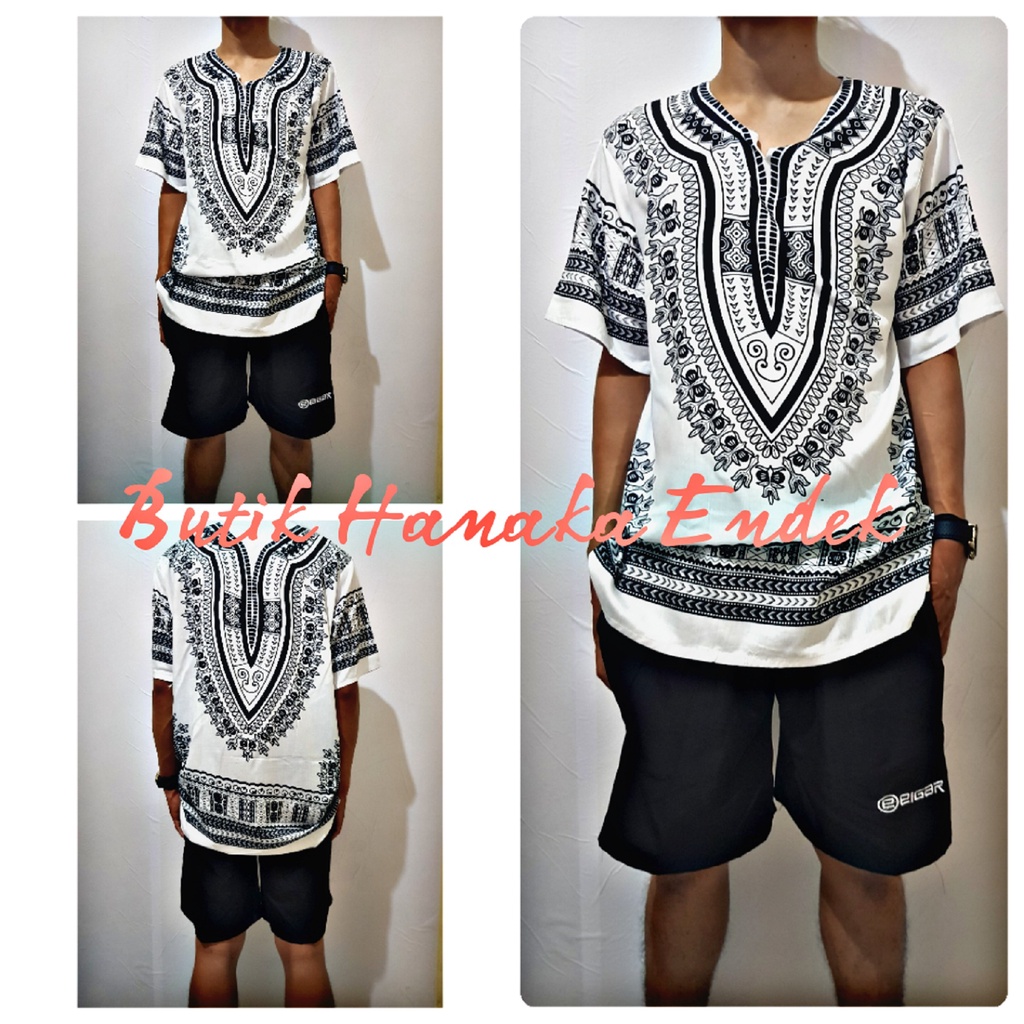 Baju dan Celana Pendek Setelan Etnik Dashiki Putih Polos Pria/Wanita (Unisex)