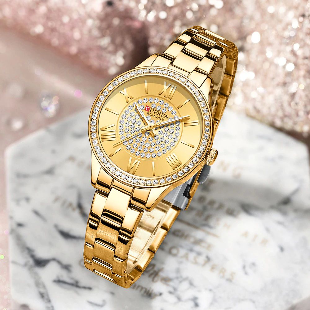 CURREN 9084 Jam Tangan Wanita Analog Stainless Steel Luminous Display Dial Rhinestone WATCHKITE WKOS