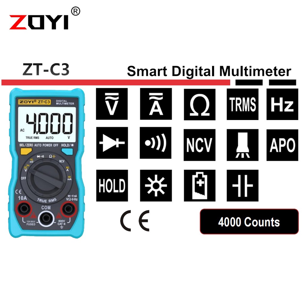 ZOYI ZT-C3 Multimeter Digital Buzzer Capasistor 4000 Counts Resistance DC AC Current