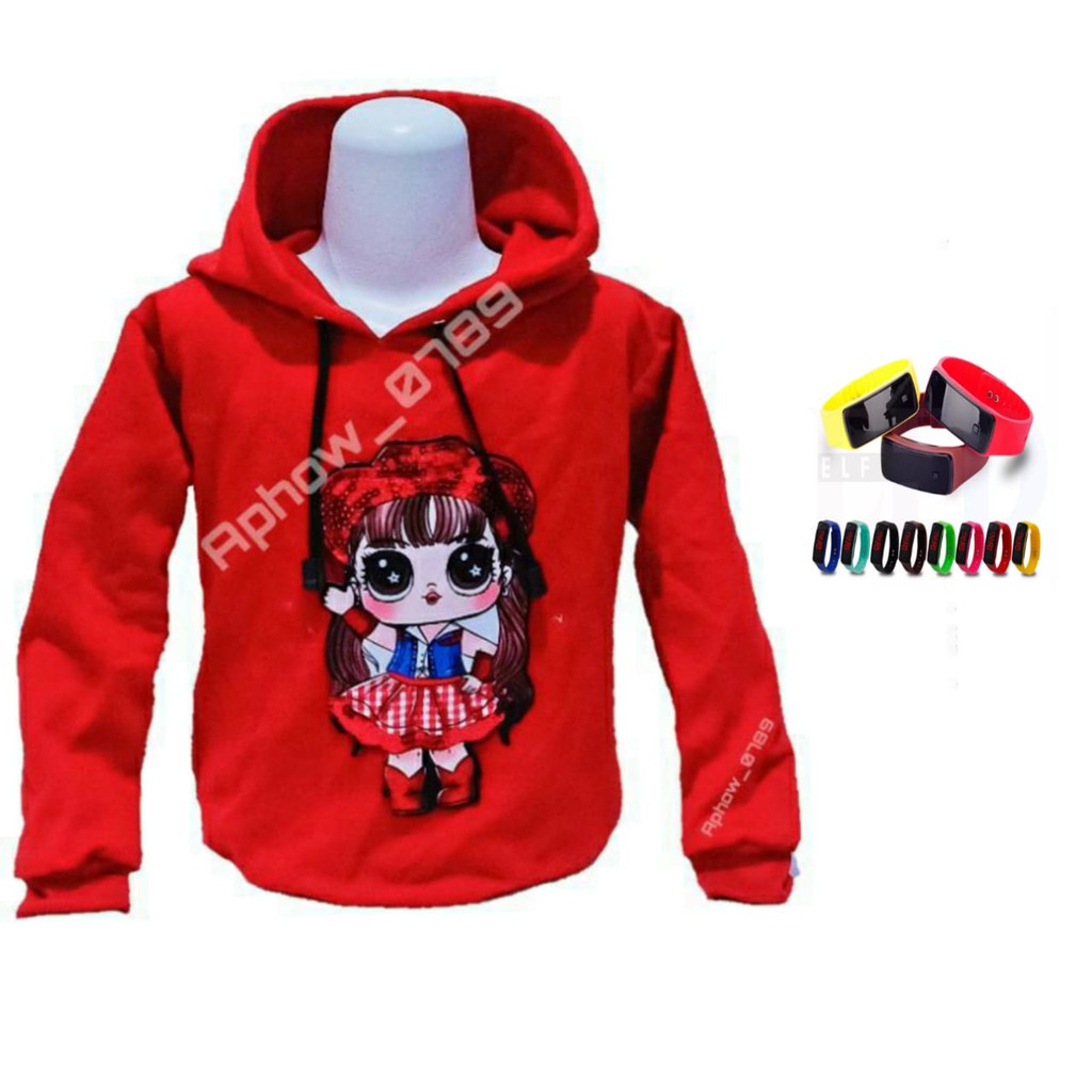 Jaket hoodie sweater anak perempuan LOL free jam tangan