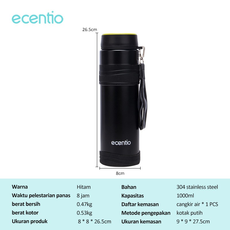 ecentio &amp; FOODI Termos air panas 1 liter Stainless steel Anti Bocor /termos 1 liter hitam/Bottle Stainless Minum tahan 24 jam Hitam