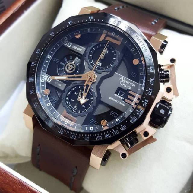 Jam Tangan Keren Elegant Alexandre Christie AC 6373 MC Leather Brown Rosegold Original