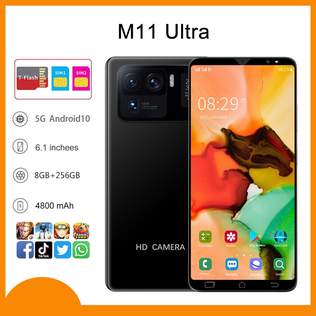 【COD】M11 Ultra 8GB + 256GB Smartphone Merek Baru Asli Android 10.0 Sistem Dual SIM 5G Ponsel 5.5 Inci Layar HD Android