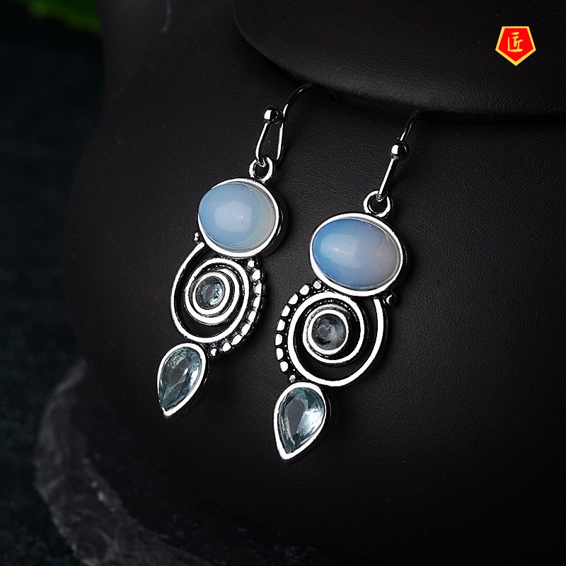 [Ready Stock]Inlaid Sea Blue Topaz Earrings for Women Creative Rotational