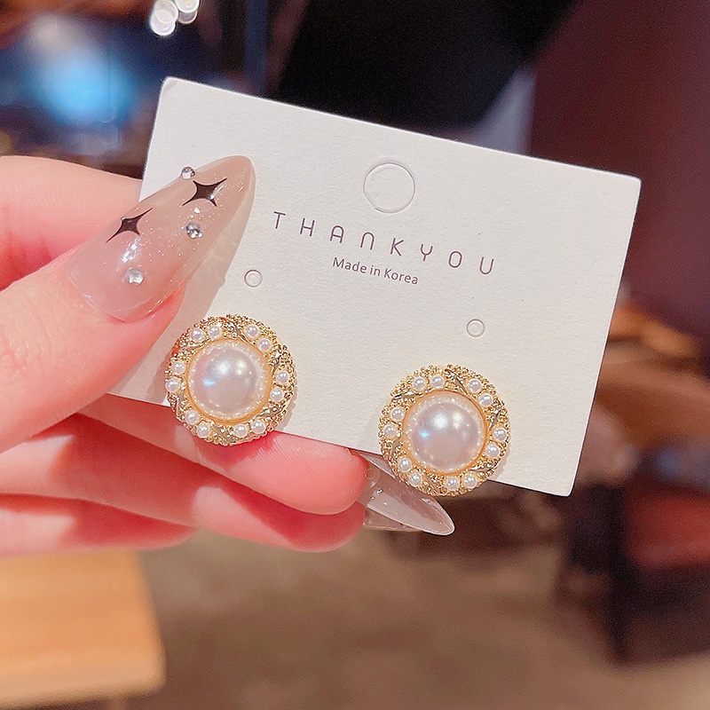 Anting Stud S925 Silver Needle Bentuk Bulat Aksen Mutiara Untuk Wanita