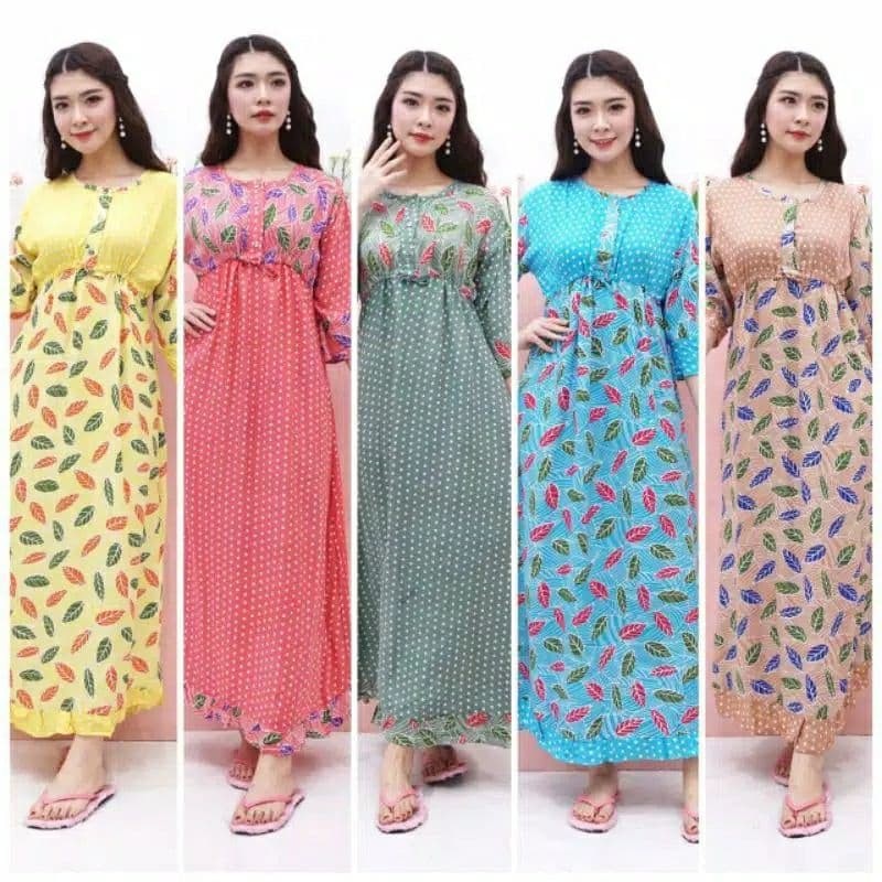 LONGDRRESS Daster maura lengan panjang | MAHALINI DAUN | busui karet pinggang bahan adem-MAHALINI
