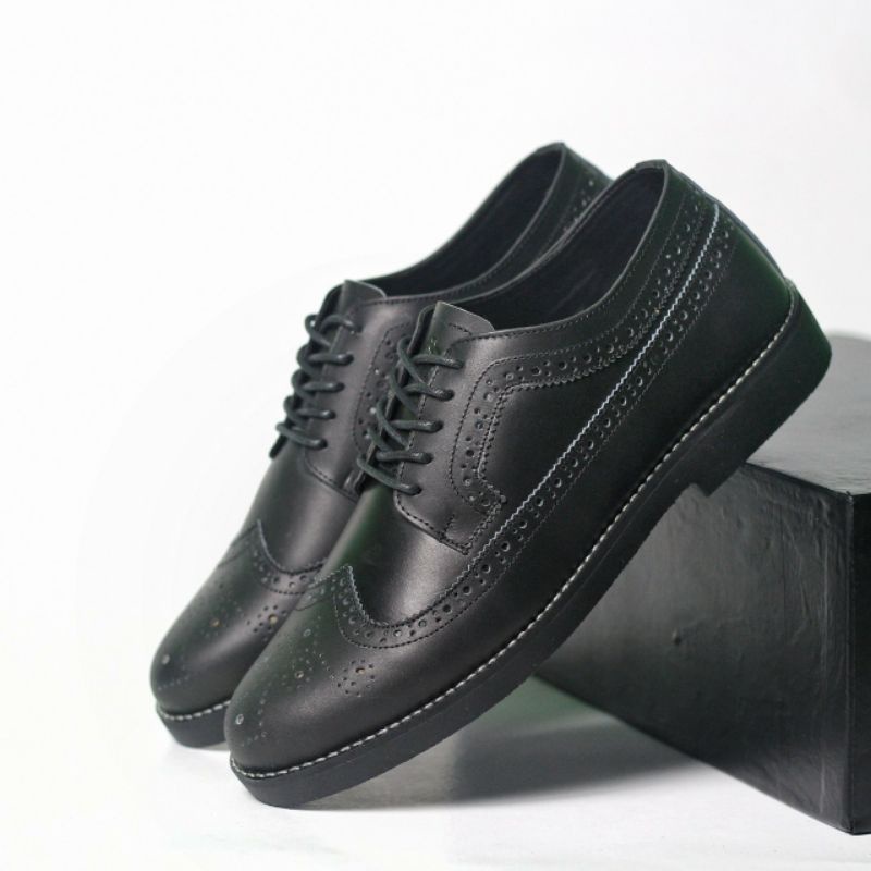 SAMOYED Black (Kulit Asli) Sepatu Pantofel Pria Kulit Asli Oxford Men Wingtip Casual Kerja Kantor Spatu Kondangan Original