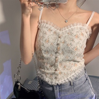 Jual [Premium] Lace Floral Vintage Pearly Camisole tanktop Crop Korean