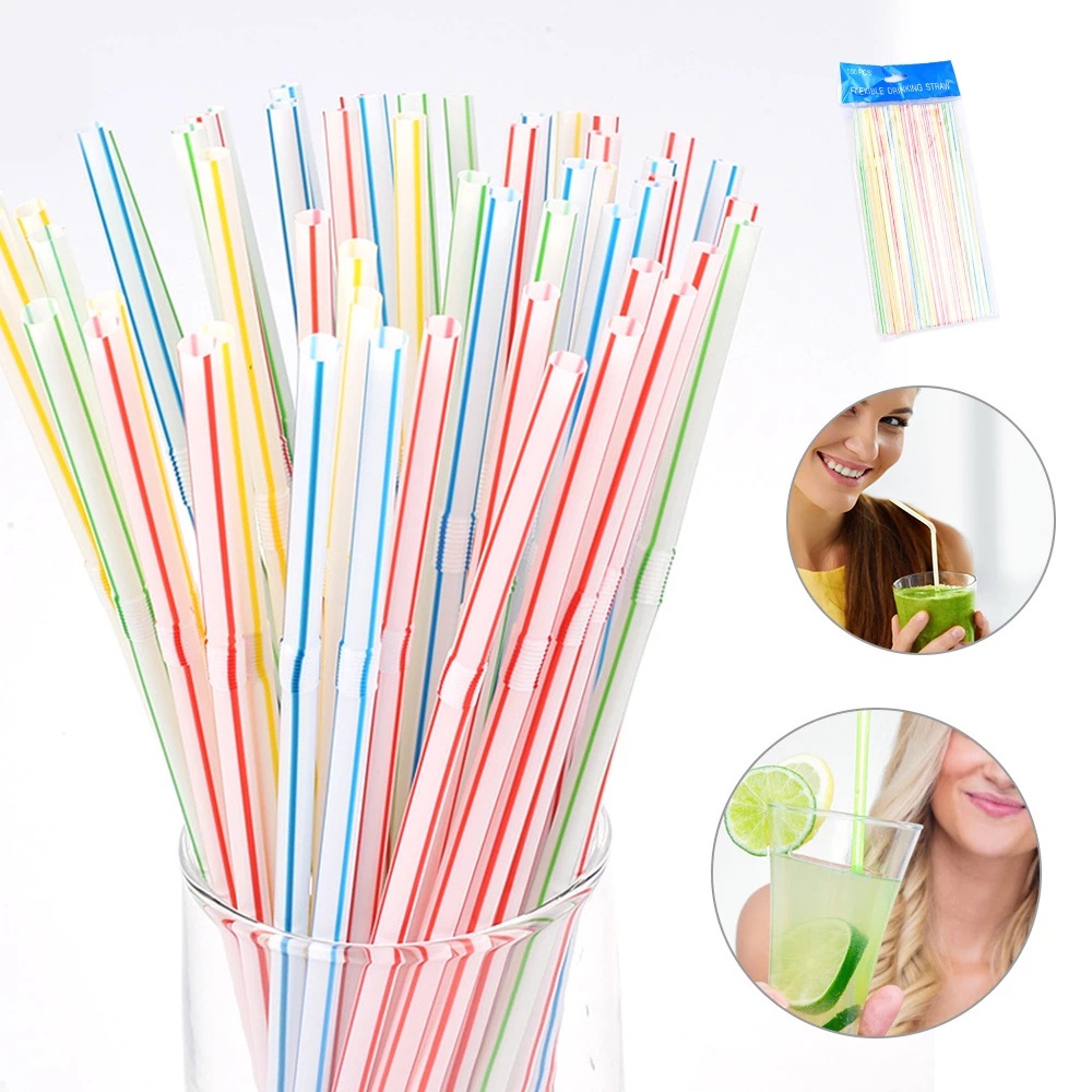 100Pcs Disposable Plastic Drinking Straws Multi-Color Striped Bendable Elbow Beverage Straws