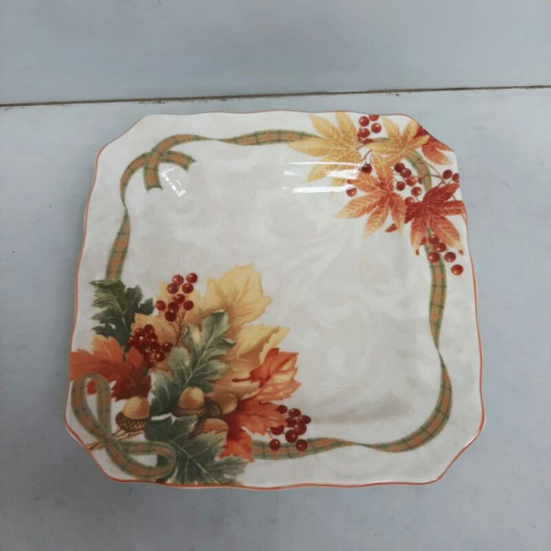 SALAD PLATE SQUARE PIRING KOTAK KERAMIK SANGO HIAS CANTIK MOTIF GAMBAR AUTUMN MUSIM GUGUR GIVE THANK