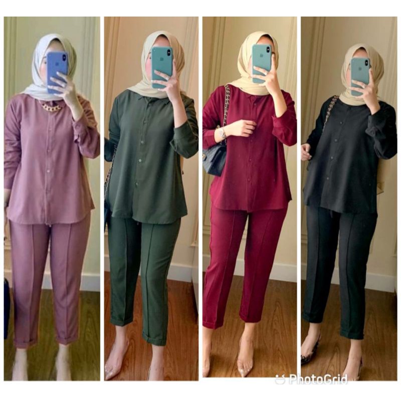 ONE FASHION MUSLIM / ONE SET NABILA  / SETELAN WANITA POLOS KERJA / SETELAN KEMEJA POLOS VIRAL BESTELLER / SETELAN ITYCREPE