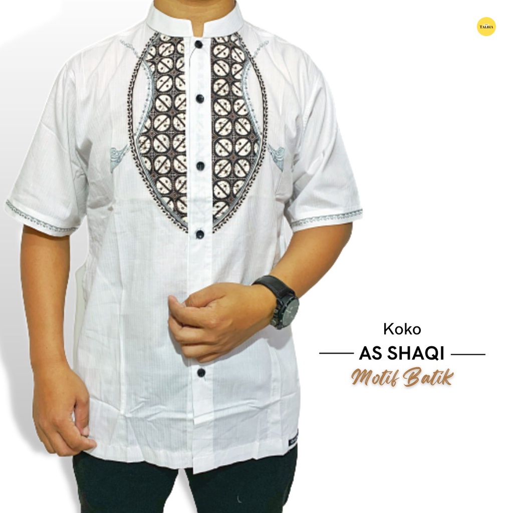 Baju Koko Putih Lengan Pendek Kombinasi Batik Bordir Pria