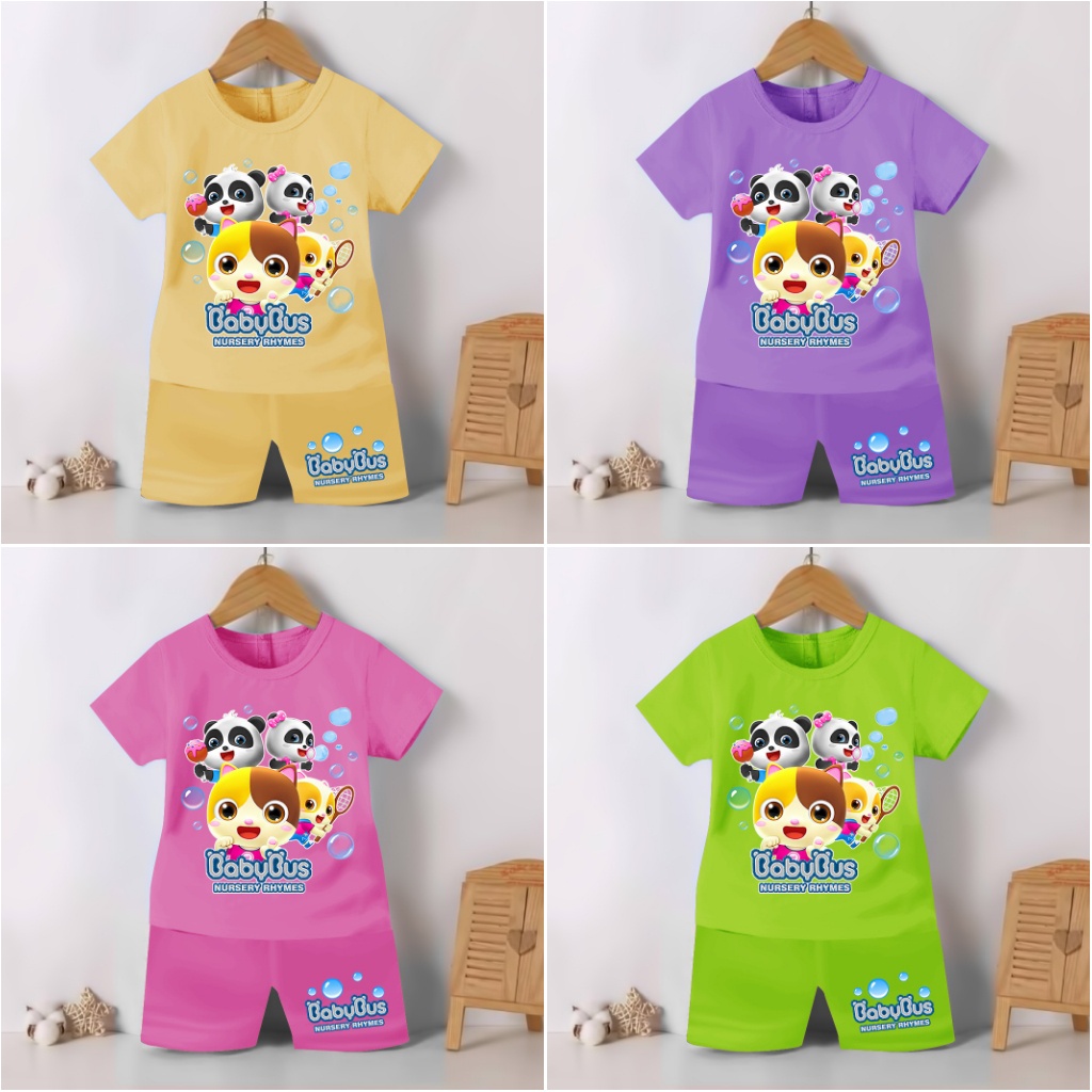 SETELAN BAJU ANAK COWO DAN CEWE MOTIF BABY BUS AND FRIEND  / SETELAN KAOS ANAK COWO DAN CEWE GAMBAR BABYBUS KIKI DAN MIU 1-7 TAHUN ( ASHERKIDS )